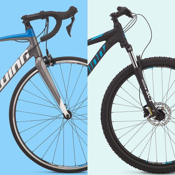 A road bike vs a mountain bike side-by-side.