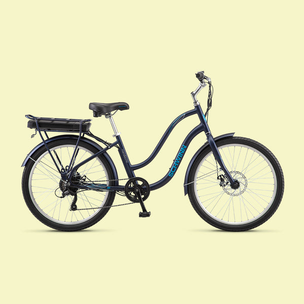 A slate blue Mendocino electric bike by Schwinn.
