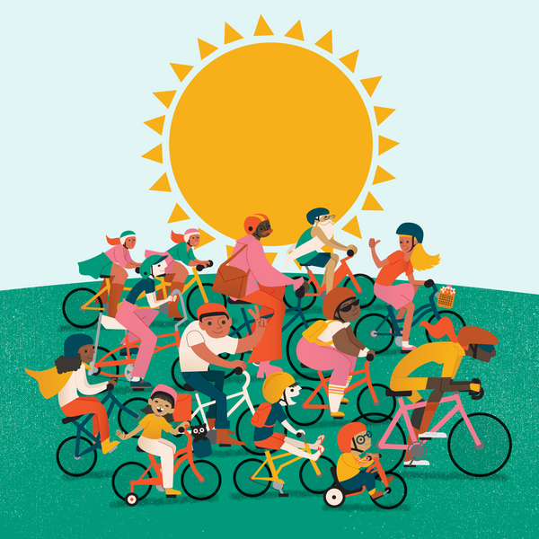 Illustration of a group of people from all over the world riding bikes and celebrating.