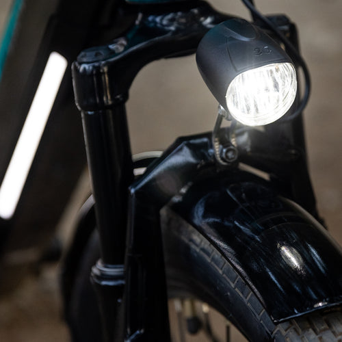 The new LED and headlight lit up on a Schwinn E-bike