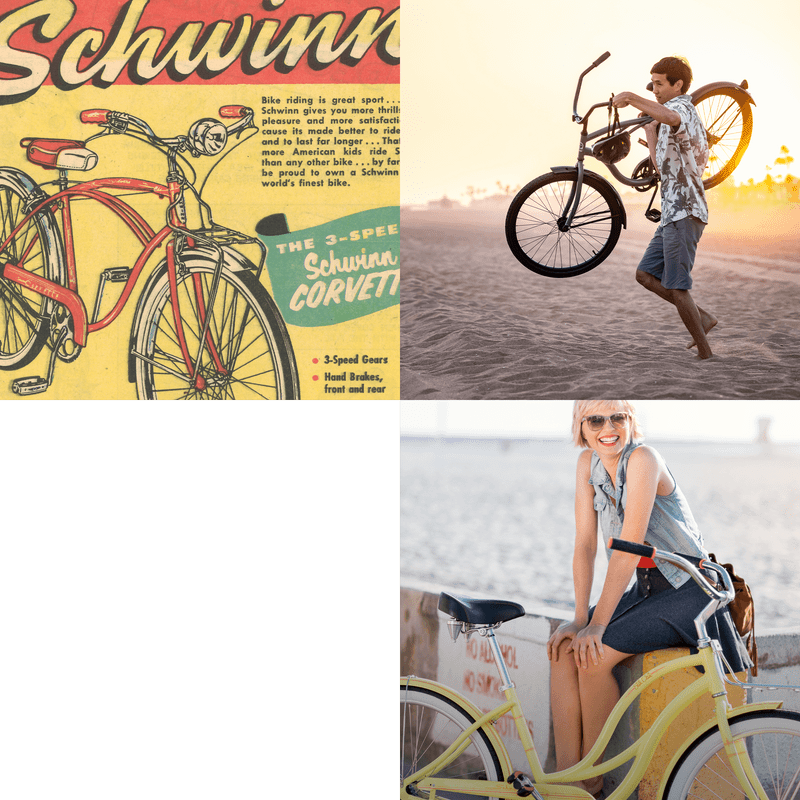 Several small photos showcasing the Schwinn brand and their history.